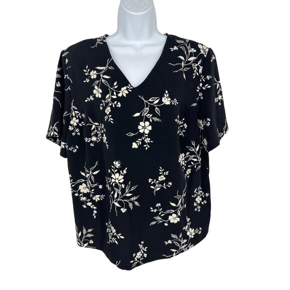 Susan Graver Style Black & White Floral V-Neck Short-Sleeve Blouse 1X - Picture 1 of 9